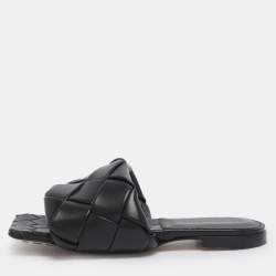 Pre Owned Bottega Veneta Black Intrecciato Leather Lido Flat Sandals Size 37