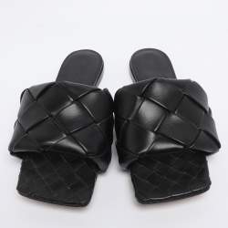 Pre Owned Bottega Veneta Black Intrecciato Leather Lido Flat Sandals Size 37