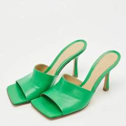 Pre Owned Bottega Veneta Green Leather Stretch Slide Sandals Size 37.5