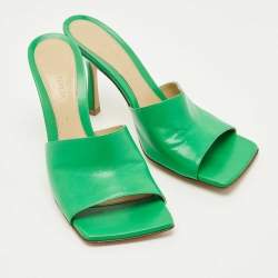 Pre Owned Bottega Veneta Green Leather Stretch Slide Sandals Size 37.5