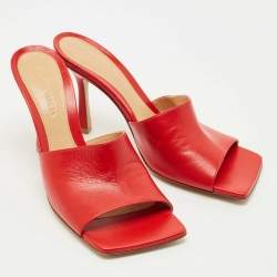 Pre Owned Bottega Veneta Red Leather Lido Slide Sandals Size 37.5