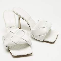 Pre Owned Bottega Veneta White Leather Intrecciato Lido Slide Sandals Size 37.5