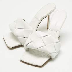 Pre Owned Bottega Veneta White Leather Intrecciato Lido Slide Sandals Size 37.5