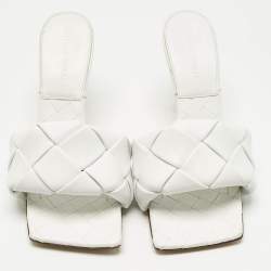 Pre Owned Bottega Veneta White Leather Intrecciato Lido Slide Sandals Size 37.5