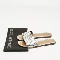 Pre Owned Bottega Veneta Silver Intrecciato Leather Flat Slides Size 36.5