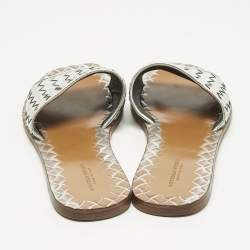 Pre Owned Bottega Veneta Silver Intrecciato Leather Flat Slides Size 36.5