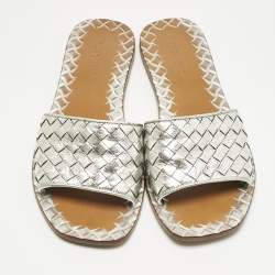 Pre Owned Bottega Veneta Silver Intrecciato Leather Flat Slides Size 36.5