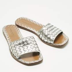 Pre Owned Bottega Veneta Silver Intrecciato Leather Flat Slides Size 36.5