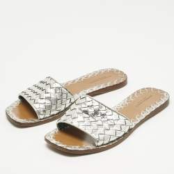 Pre Owned Bottega Veneta Silver Intrecciato Leather Flat Slides Size 36.5