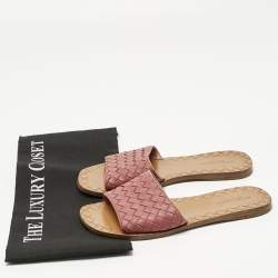 Pre Owned Bottega Veneta Pink Intrecciato Leather Flat Slides Size 36