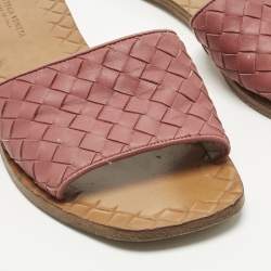 Pre Owned Bottega Veneta Pink Intrecciato Leather Flat Slides Size 36