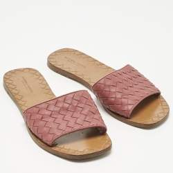 Pre Owned Bottega Veneta Pink Intrecciato Leather Flat Slides Size 36
