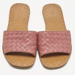 Pre Owned Bottega Veneta Pink Intrecciato Leather Flat Slides Size 36