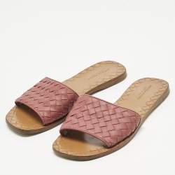 Pre Owned Bottega Veneta Pink Intrecciato Leather Flat Slides Size 36