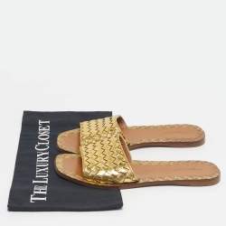 Pre Owned Bottega Veneta Gold Intrecciato Leather Veneta Flats slide Size 36.5