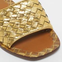 Pre Owned Bottega Veneta Gold Intrecciato Leather Veneta Flats slide Size 36.5