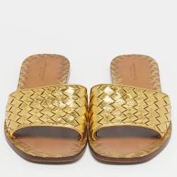 Pre Owned Bottega Veneta Gold Intrecciato Leather Veneta Flats slide Size 36.5