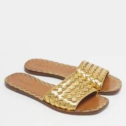 Pre Owned Bottega Veneta Gold Intrecciato Leather Veneta Flats slide Size 36.5