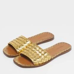 Pre Owned Bottega Veneta Gold Intrecciato Leather Veneta Flats slide Size 36.5