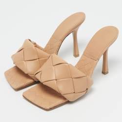 Pre Owned Bottega Veneta Beige Woven Leather Lido Slide Sandals Size 38