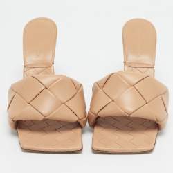 Pre Owned Bottega Veneta Beige Woven Leather Lido Slide Sandals Size 38