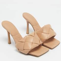 Pre Owned Bottega Veneta Beige Woven Leather Lido Slide Sandals Size 38