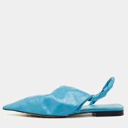 Pre Owned Bottega Veneta Blue Leather Pointed Toe Twist Slingback Flats Size 37.5
