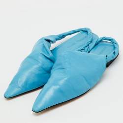 Pre Owned Bottega Veneta Blue Leather Pointed Toe Twist Slingback Flats Size 37.5