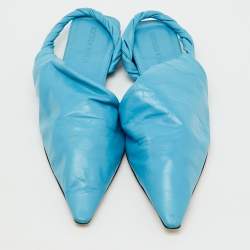 Pre Owned Bottega Veneta Blue Leather Pointed Toe Twist Slingback Flats Size 37.5