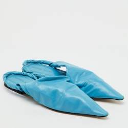 Pre Owned Bottega Veneta Blue Leather Pointed Toe Twist Slingback Flats Size 37.5