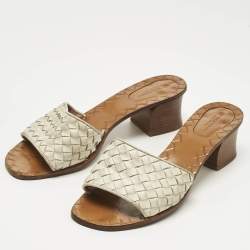 Pre Owned Bottega Veneta White Intrecciato Leather Ravello Slide Sandals Size 38