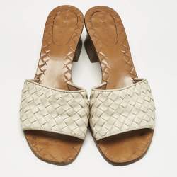 Pre Owned Bottega Veneta White Intrecciato Leather Ravello Slide Sandals Size 38