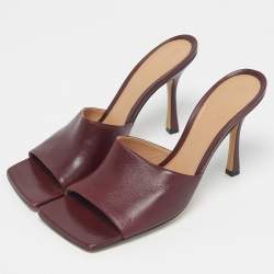 Pre Owned Bottega Veneta Burgundy Leather Stretch Slide Sandals Size 41