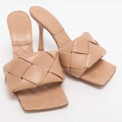 Pre Owned Bottega Veneta Beige Intrecciato Leather Lido Slides Size 38.5