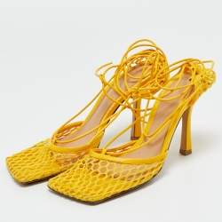 Pre Owned Bottega Veneta Yellow Leather And Mesh Ankle Wrap Pumps Size 37