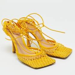 Pre Owned Bottega Veneta Yellow Leather And Mesh Ankle Wrap Pumps Size 37