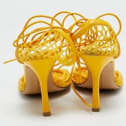 Pre Owned Bottega Veneta Yellow Leather And Mesh Ankle Wrap Pumps Size 37