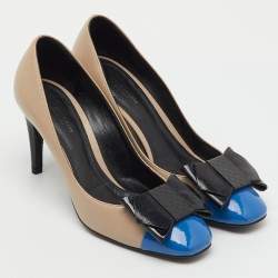Pre Owned Bottega Veneta Tri Color Leather and Patent Cap Toe Bow Pumps Size 38