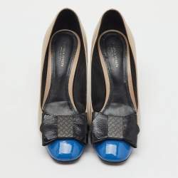 Pre Owned Bottega Veneta Tri Color Leather and Patent Cap Toe Bow Pumps Size 38