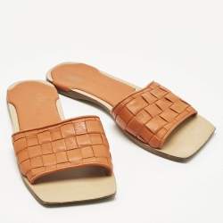 Pre Owned Bottega Veneta Orange Intrecciato Leather Flat Slide Sandals Size 36