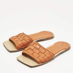 Pre Owned Bottega Veneta Orange Intrecciato Leather Flat Slide Sandals Size 36