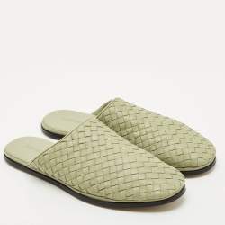 Pre Owned Bottega Veneta Green Leather Intrecciato Flat Mules Size 41