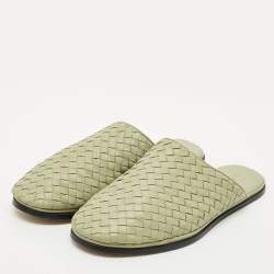 Pre Owned Bottega Veneta Green Leather Intrecciato Flat Mules Size 41