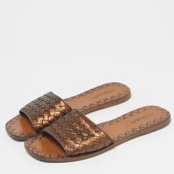 Pre Owned Bottega Veneta Metallic Bronze Leather Intrecciato Slide Flats Size 36.5