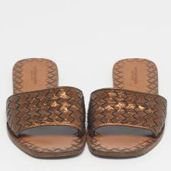 Pre Owned Bottega Veneta Metallic Bronze Leather Intrecciato Slide Flats Size 36.5