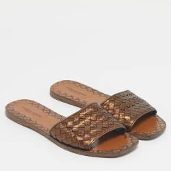 Pre Owned Bottega Veneta Metallic Bronze Leather Intrecciato Slide Flats Size 36.5