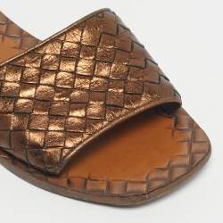 Pre Owned Bottega Veneta Metallic Bronze Leather Intrecciato Slide Flats Size 36.5