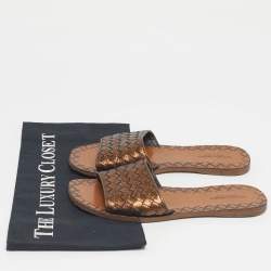 Pre Owned Bottega Veneta Metallic Bronze Leather Intrecciato Slide Flats Size 36.5