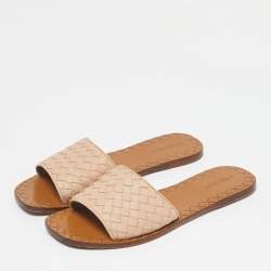 Pre Owned Bottega Veneta Beige Intrecciato Leather Flat Slides Size 40
