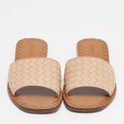 Pre Owned Bottega Veneta Beige Intrecciato Leather Flat Slides Size 40